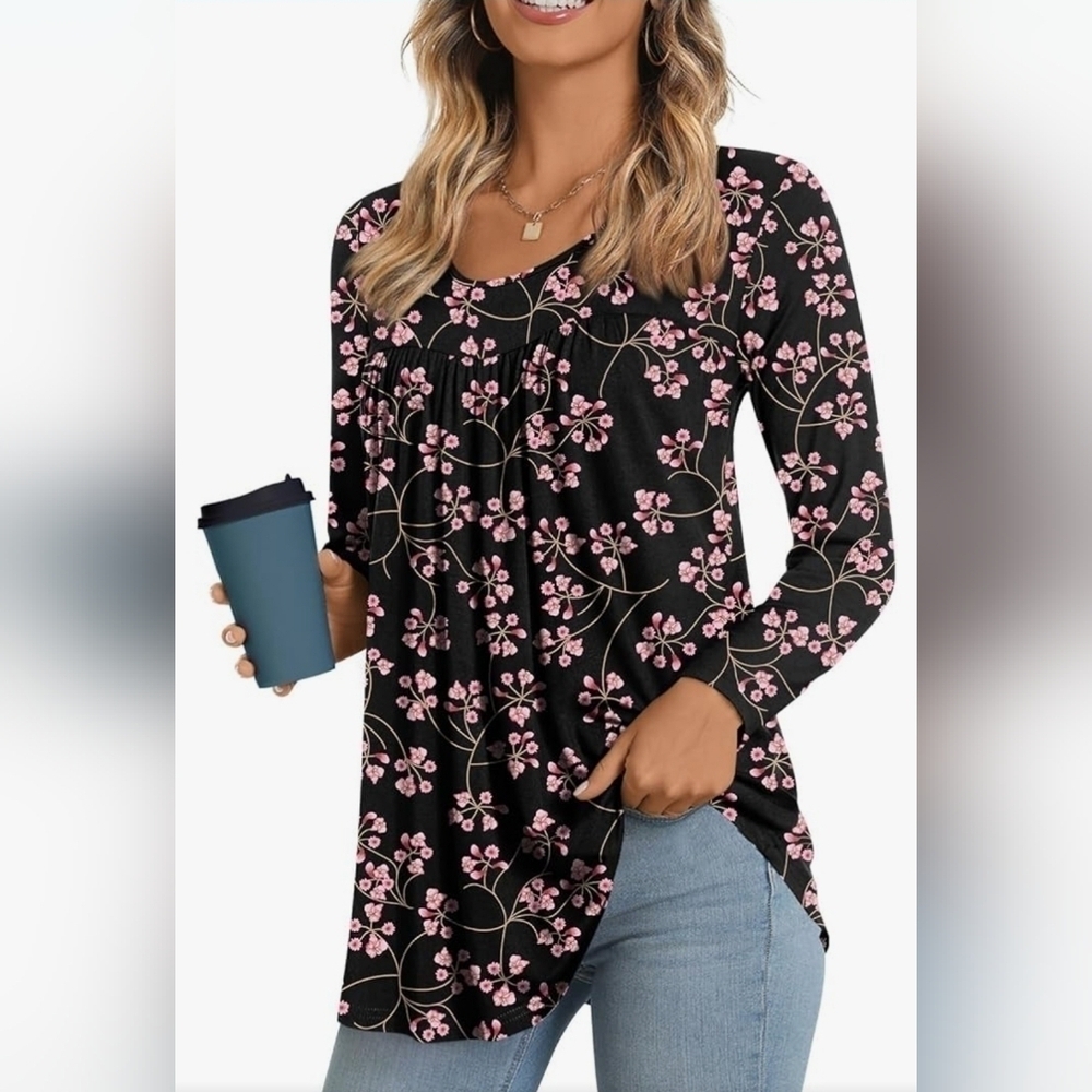 Black Pink Floral V-Neck Long Sleeve Top Medium Soft Stretch Everyday Casual